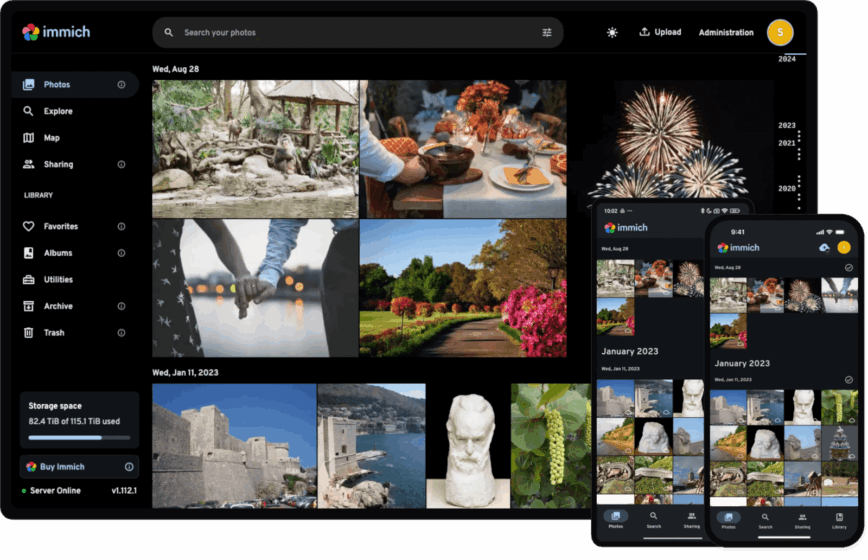 Immich: web and mobile UI.