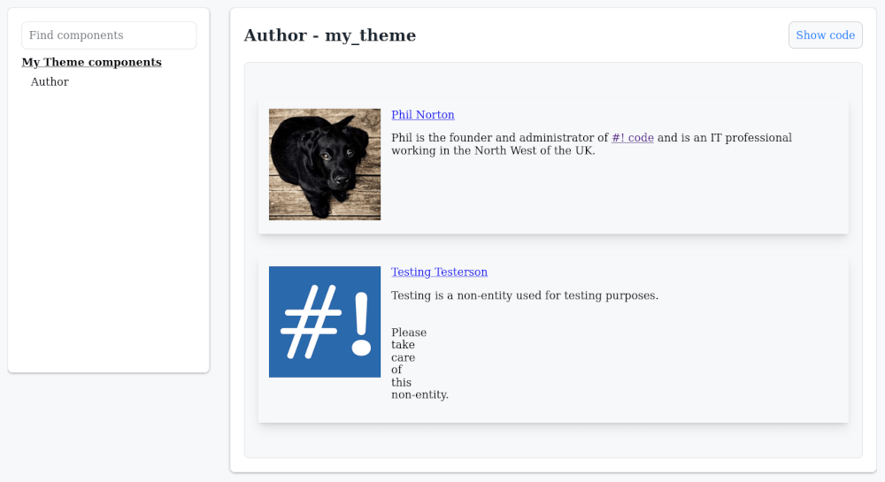 The components preview page, with two author previews shown in the same section. The bios are from the previously mentioned template.