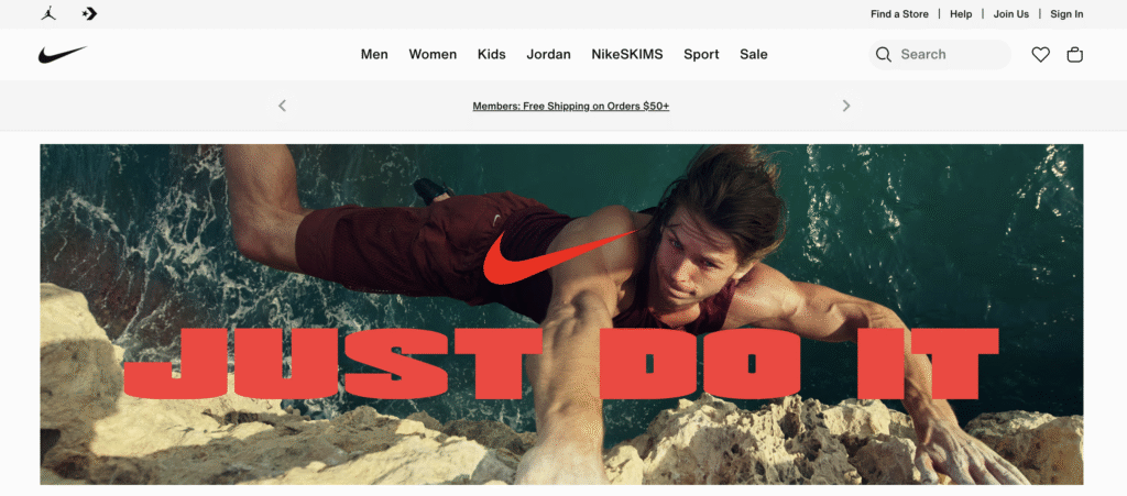 Nike's website showing the Just Do It campaign slogan