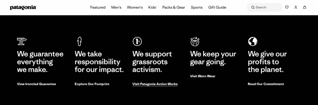 Patagonia's home page section, showing the environmentally responsible commitment