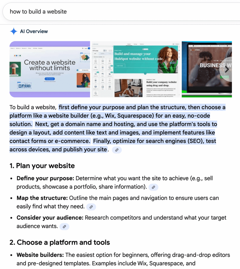 AI Overview results for "how to build a website" search on Google