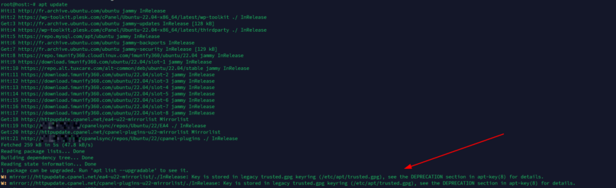 Screenshot: Fixing apt-key deprecation warnings with cPanel EA4 on Ubuntu 20.04 to 22.04. Screenshot: Fixing apt-key deprecation warnings with cPanel EA4 on Ubuntu 20.04 to 22.04.