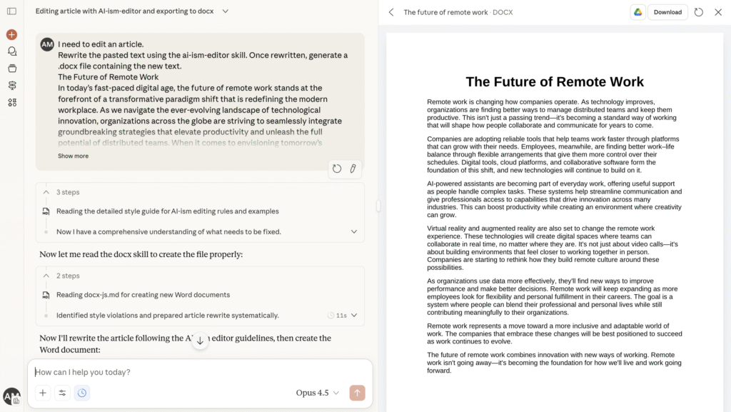 Chat using ai-ism-editor Skill to rewrite text and generate a DOCX file