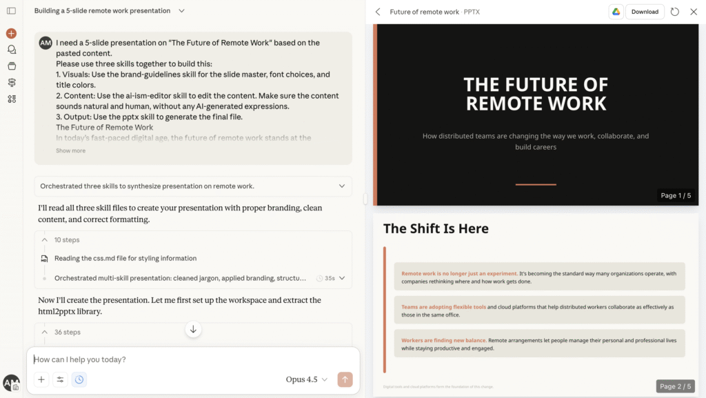Chat using three Skills to generate a five-slide remote work presentation