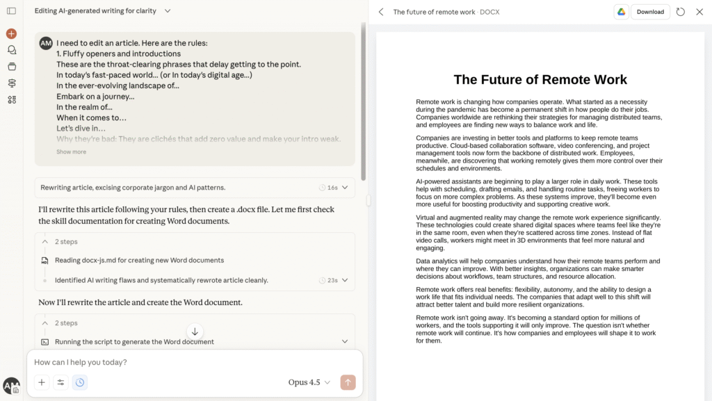 Chat showing manual rules used to rewrite and export article to DOCX