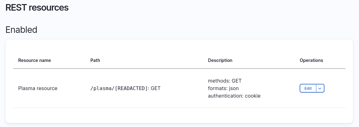 The REST UI module configuration screen, showing the enabled Plasma resource.