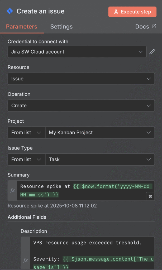 The Jira create an issue node configuration for the automatic ticket creation for VPS traffic spikes