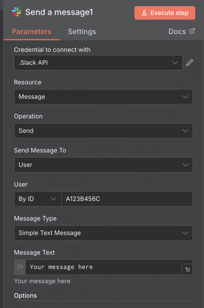 The Slack send a message node configuration