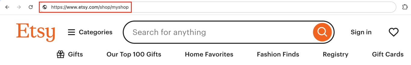Etsy shop URL highlighted in the browser address bar
