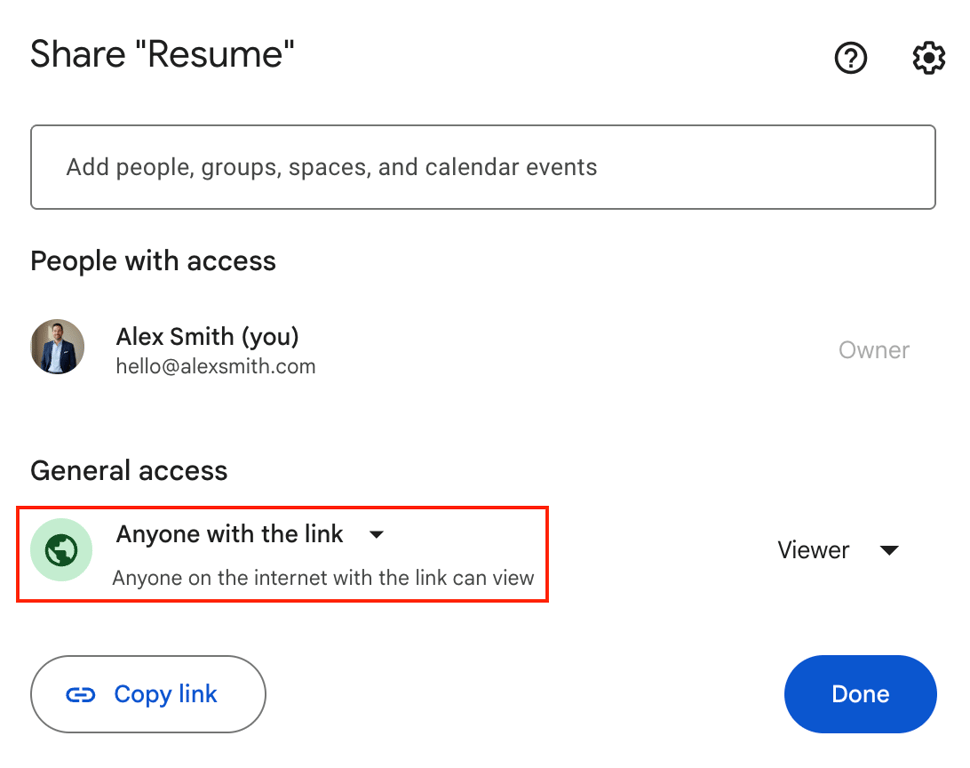 Google Docs sharing settings with "Anyone with the link" selected