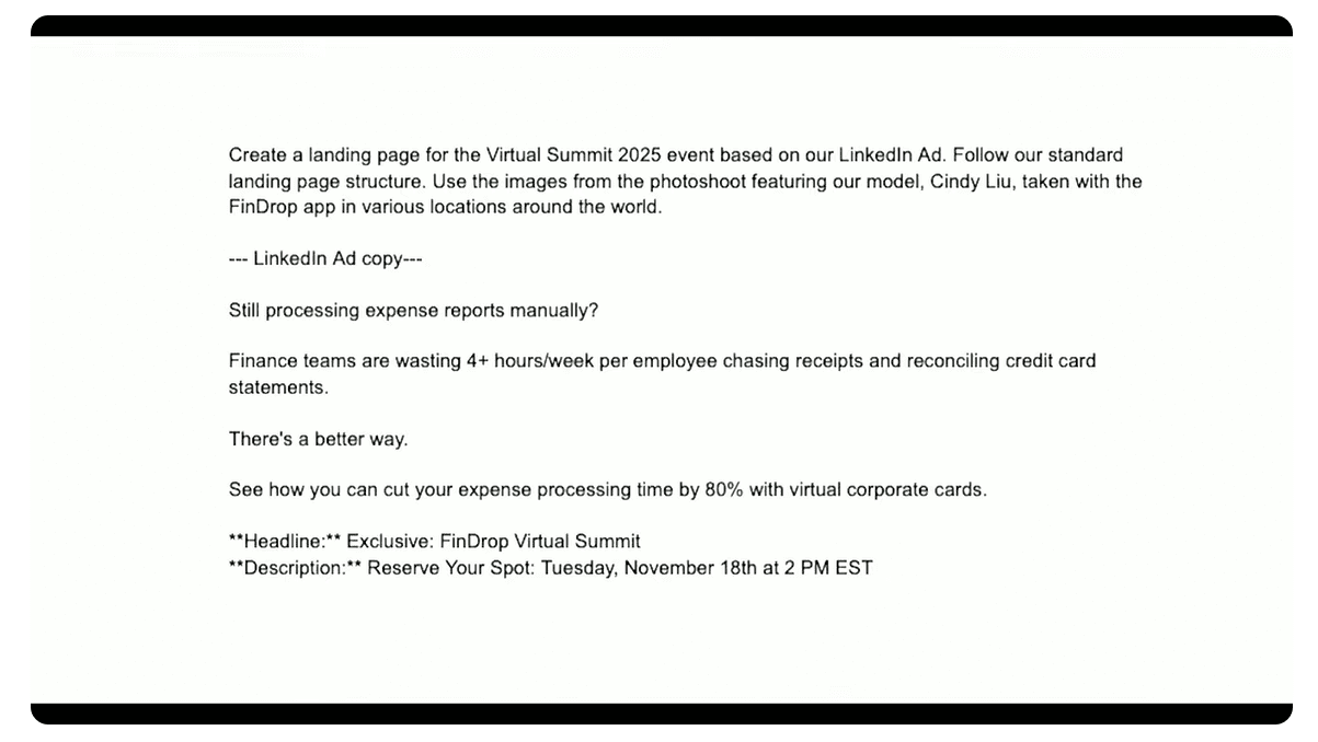 A prompt to Canvas AI to create a landing page based on a LinkedIn ad