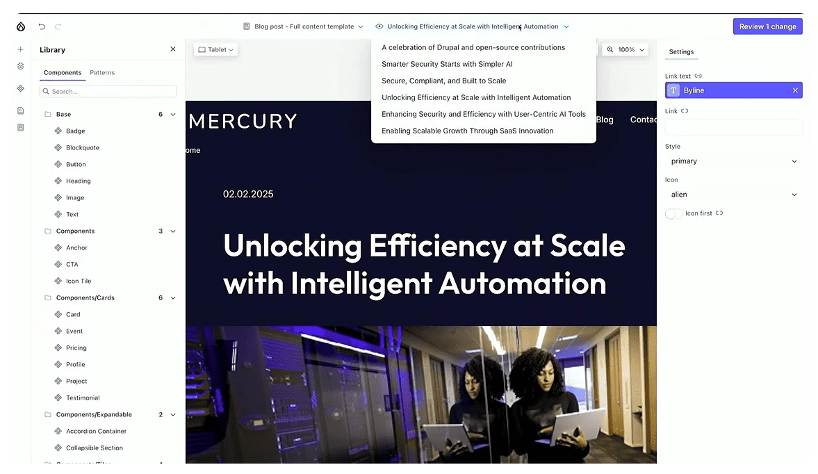Previewing content templates with different content in the Byte template for Drupal Canvas
