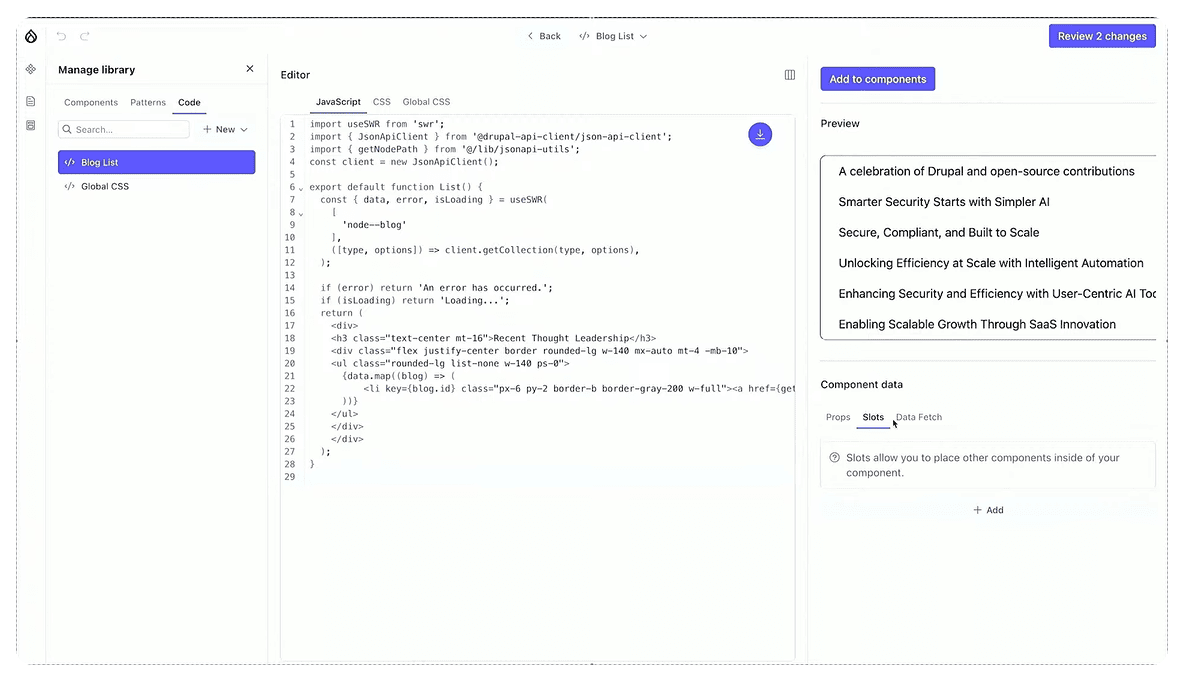 Creating components using the in-browser code editor in Drupal Canvas