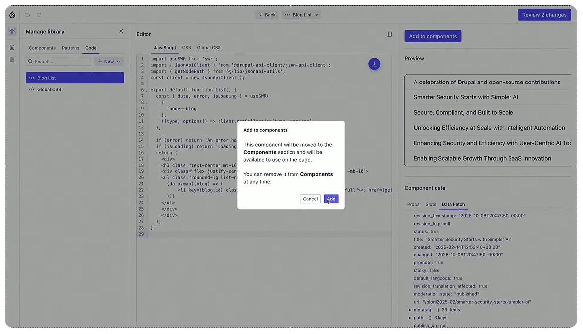 Saving a newly created Drupal Canvas component