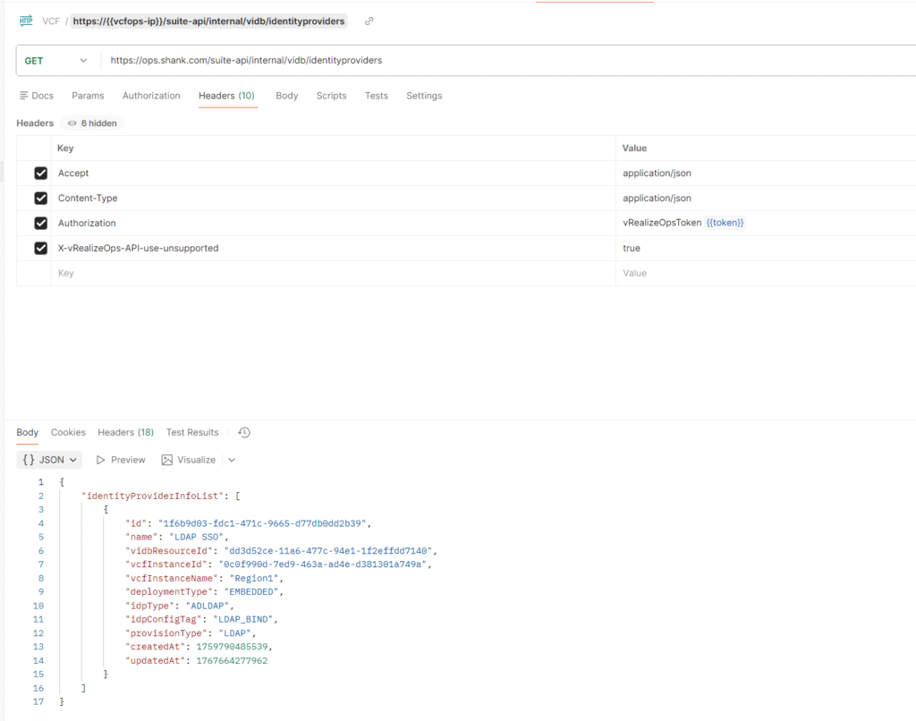 Use VCF operations token to trigger API call to obtain vidbresourceID