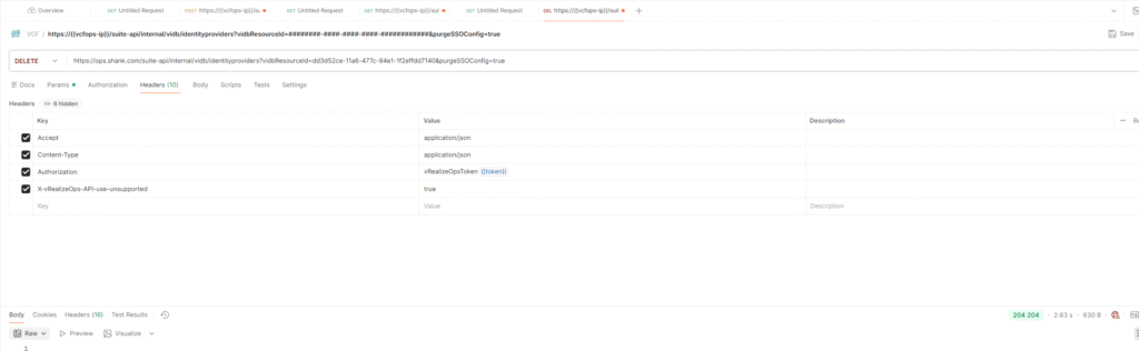 204 response to deleting vidbresourceId.  Removing stale VCF SSO 