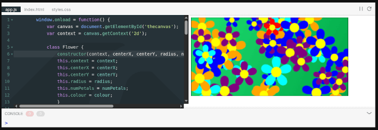 A running Flems instance inside a Drupal site. The image shows JavaScript code running a canvas element that prints out some flowers in on a green background.