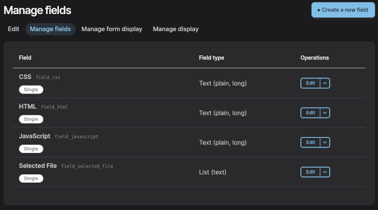 The paragraph field display for the code sandbox paragraph, showing the CSS, HTML, JavaScript, and Selected File fields.