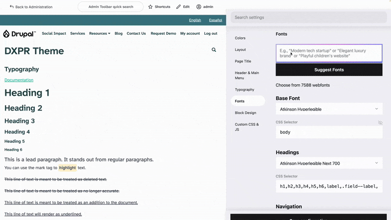DXPR Theme AI Font Theme Settings demo