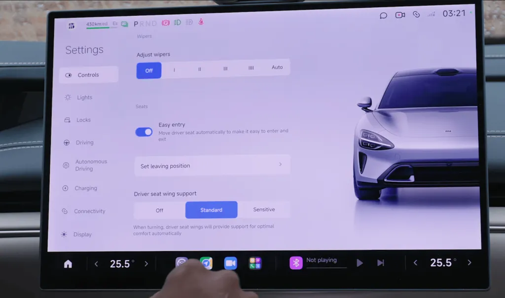 Xiaomi SU7 electric car showing clean HyperOS dashboard interface