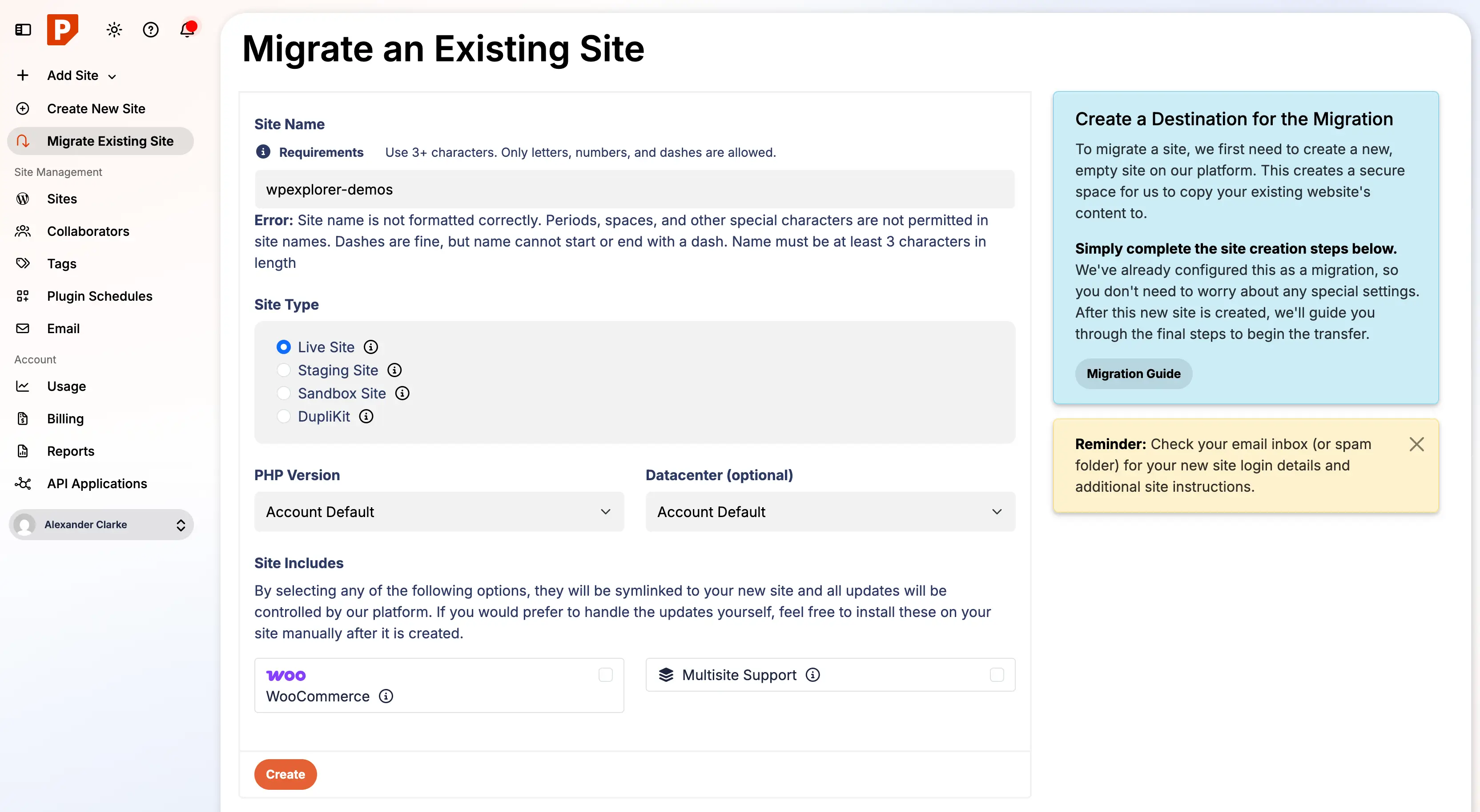 Pressable migrate an existing site create new site page