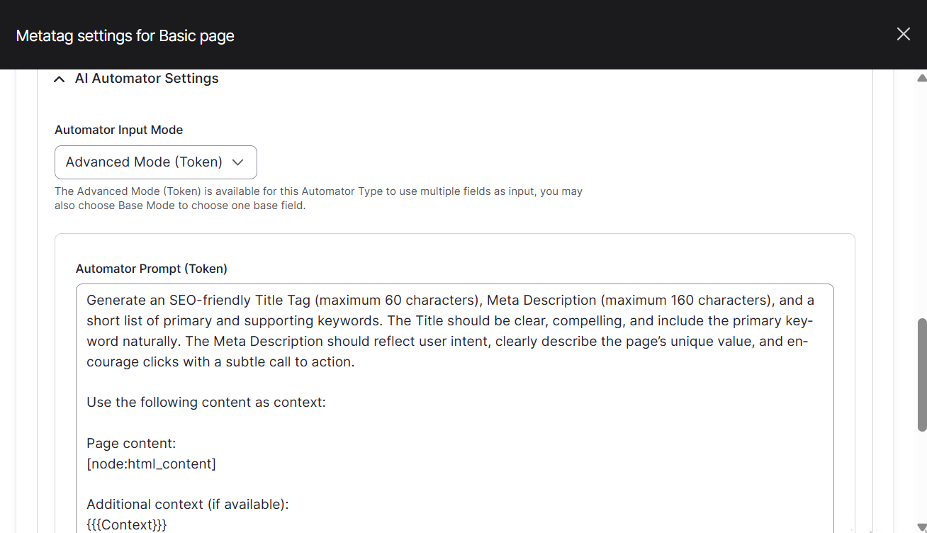 Creating a prompt for the Metatag Automator in the Drupal AI module for generating metadata