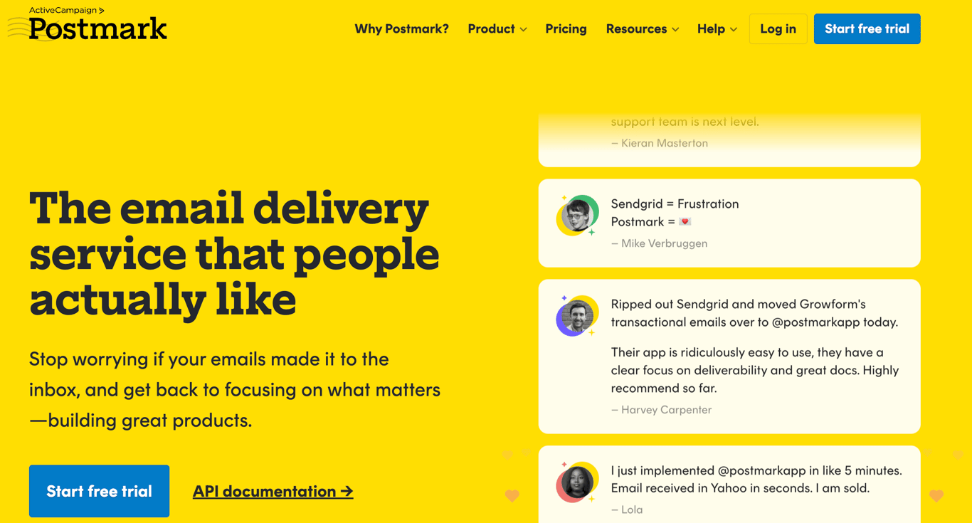 Homepage of Postmark