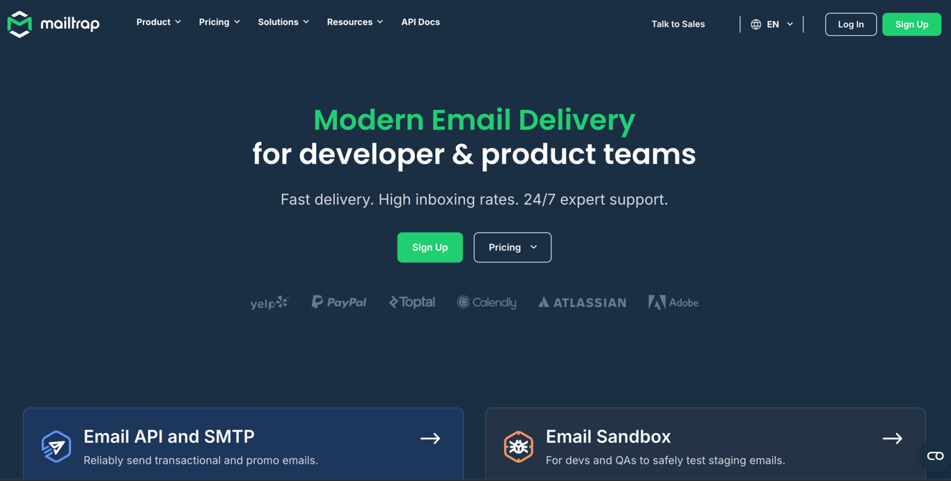 Homepage of Mailtrap