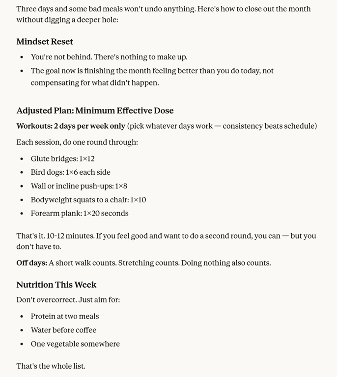 Claude AI adjusting a workout plan after a missed week due to stress and busy schedule.