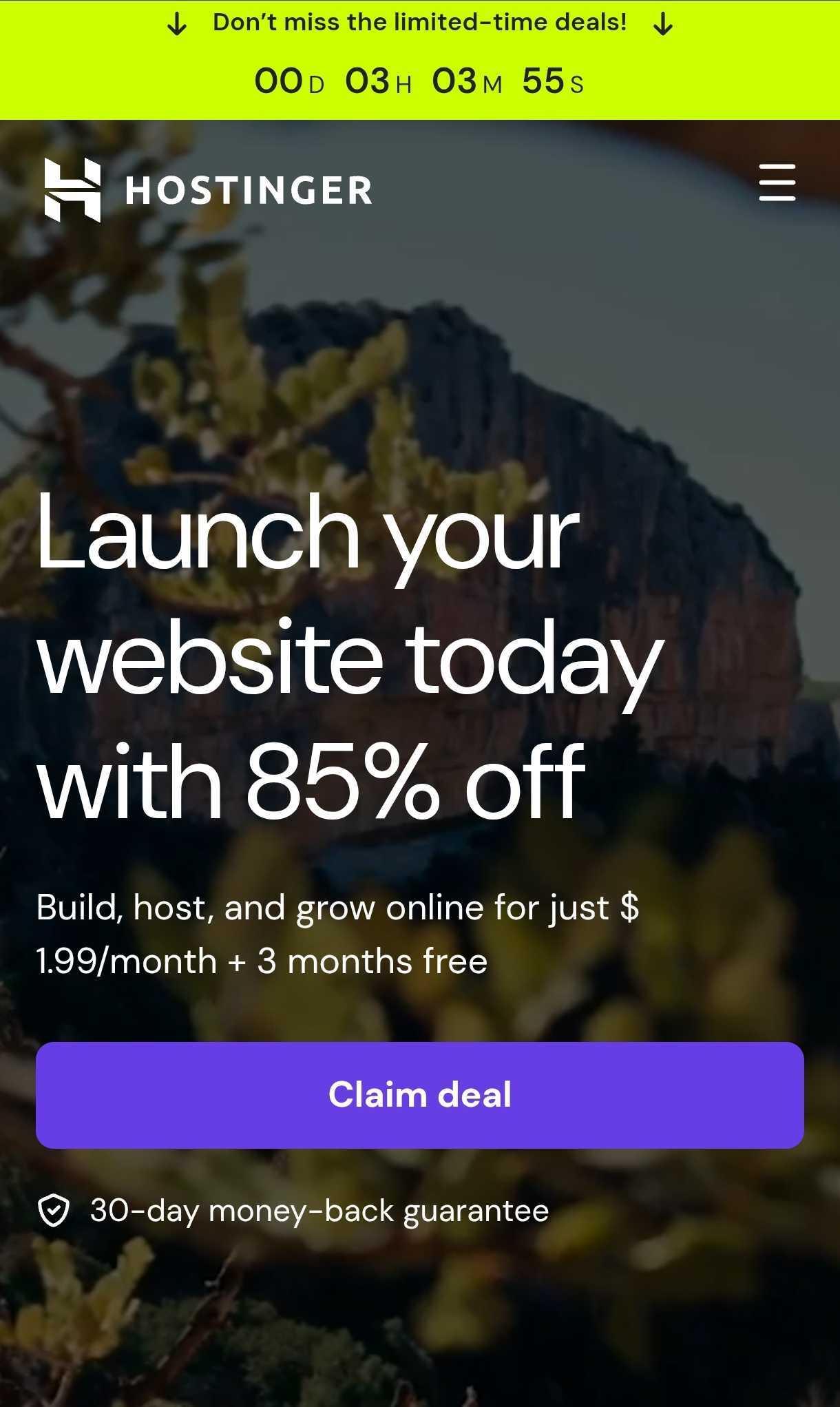 Mobile screenshot of the Hostinger home page