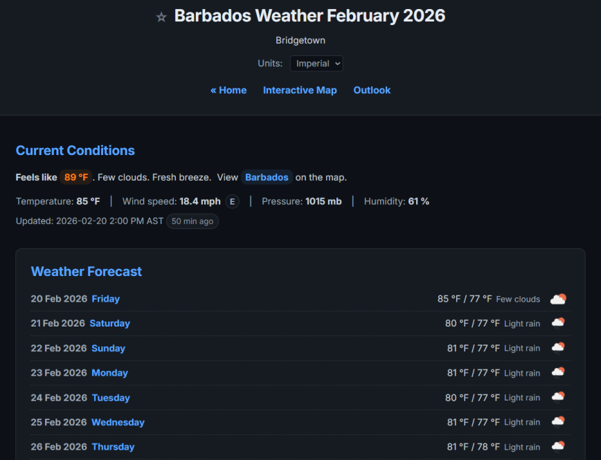 Barbados island detail page showing current conditions, temperature, wind speed, and 7-day weather forecast