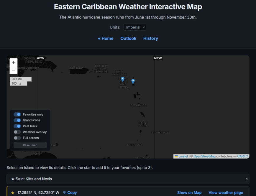 Interactive hurricane map showing 14 Eastern Caribbean islands plotted on OpenStreetMap with layer controls