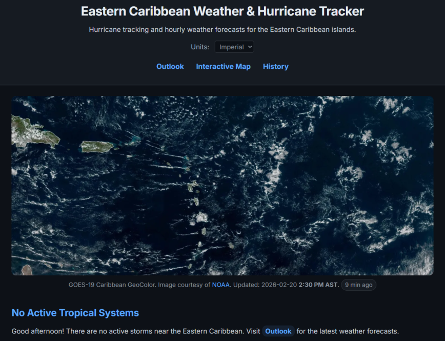 Dewedda.com homepage showing GOES-19 GeoColor satellite imagery of the Eastern Caribbean with no active tropical systems