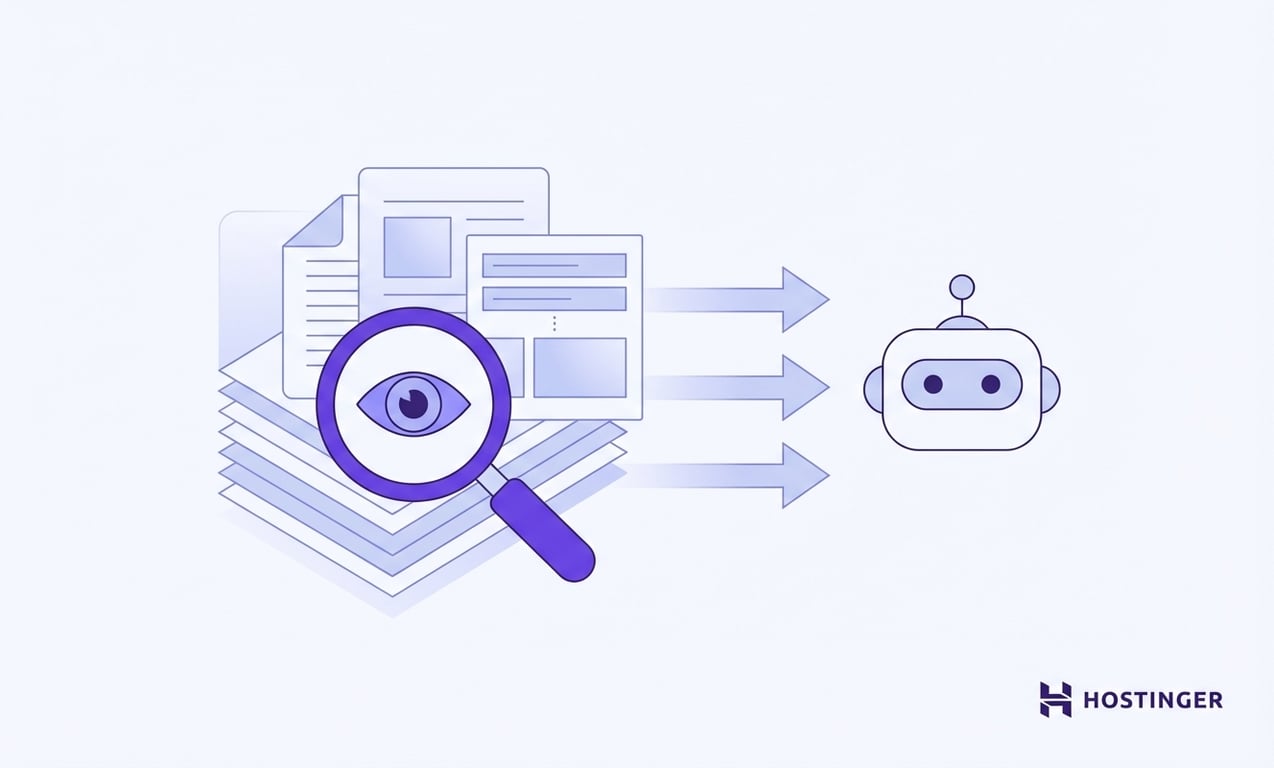 An illustration showing a magnifying glass over documents, with data flowing to a robot, representing information analysis and automation.