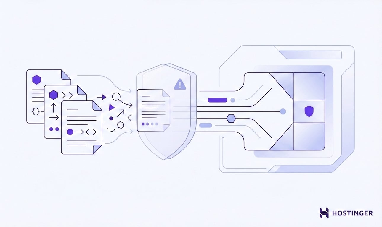 Abstract illustration showing documents with code flowing through a shield into a secure grid. Emphasizes cybersecurity and data protection