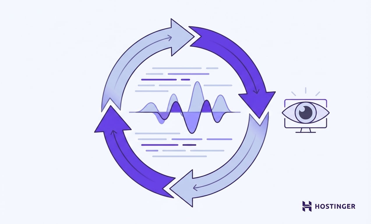 A cycle of three gradient arrows encircles sound waves, adjacent to an eye on a monitor, suggesting a continuous process and observation.