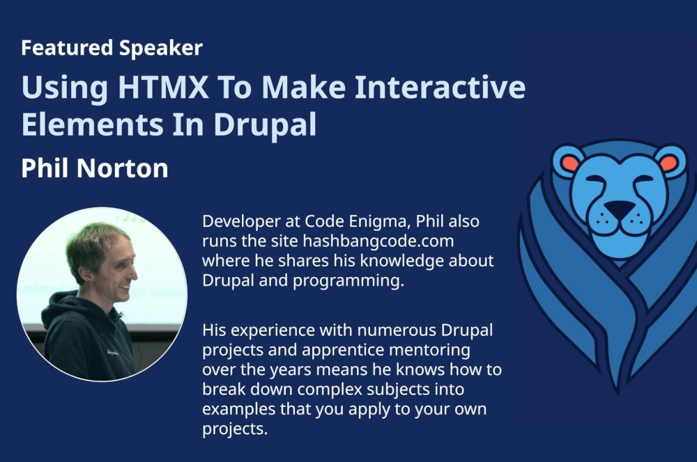 The featured speaker badge for Phil Norton for Drupal Camp England.