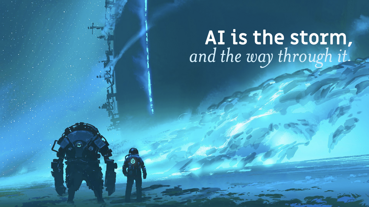 A human in a space suit and a large cyborg stand side by side before a vast blue wave or cloud, stirred up by a mysterious technological behemoth on the horizon. The image includes the text: "AI is the storm, and the way through it."