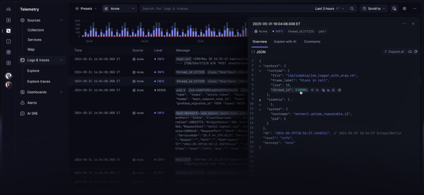 Better Stack log management dashboard with live tail Better Stack live tail view showing structured JSON log data