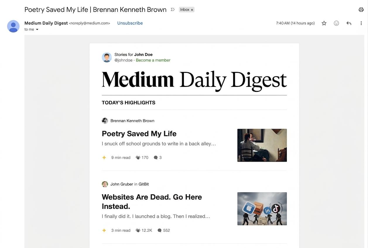 Medium Daily digest newsletter
