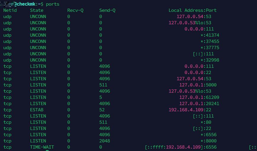 Terminal output of the ports bash alias running ss -tulanp showing active TCP and UDP connections on a Linux server