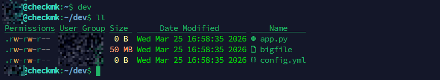 Terminal showing the dev bash alias jumping to the dev directory followed by the ll alias listing files with icons and color