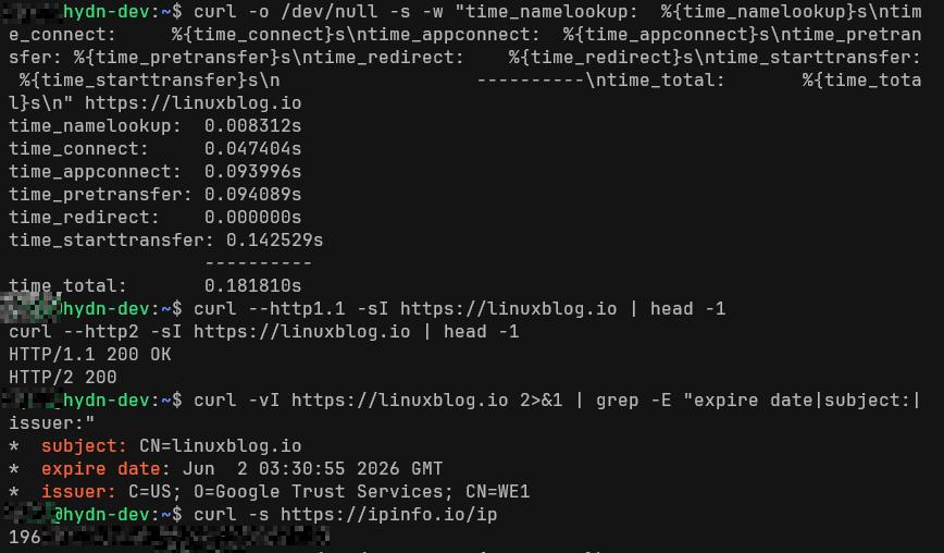 curl command in Linux examples Terminal showing curl command examples including timing breakdown, HTTP version comparison, TLS certificate check, and public IP lookup