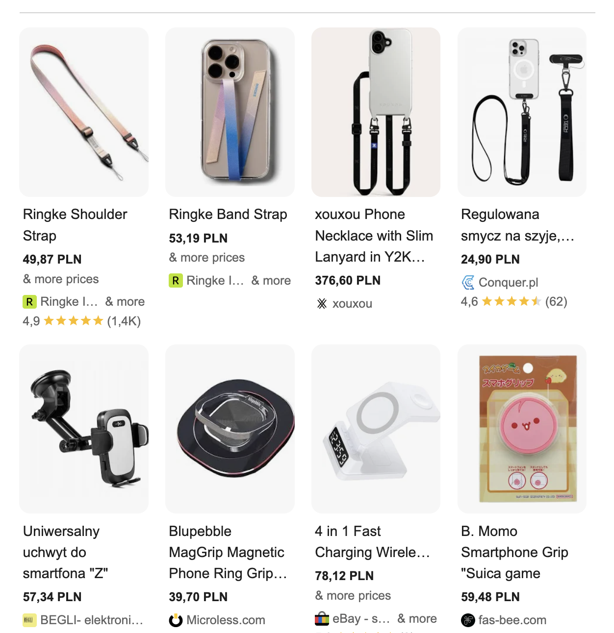 Various phone accessories including straps, holders, wireless chargers, and grips with prices and ratings in Polish currency.