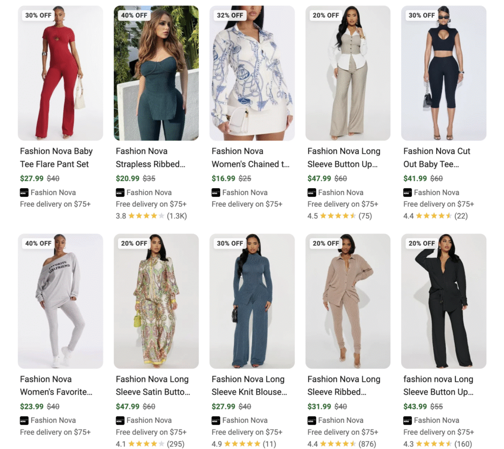 A grid of fashion items from Fashion Nova, featuring various outfits with sale prices and discount percentages highlighted