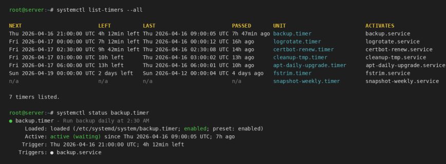 Linux terminal showing systemctl list-timers output with scheduled systemd timers for backups, certbot, and cleanup