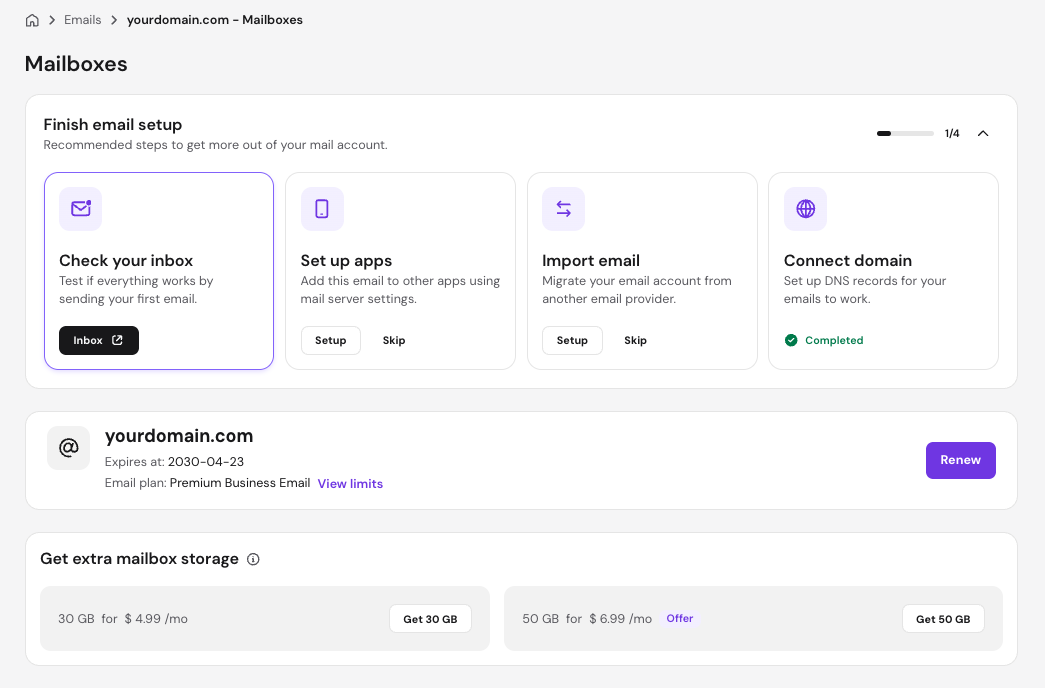 Hostinger hPanel mailboxes screen showing the email setup checklist with steps to check inbox, set up apps, import email, and connect domain