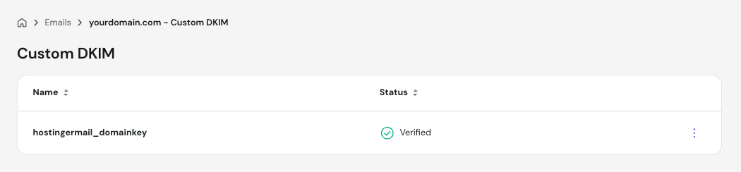 Hostinger hPanel Custom DKIM screen showing a verified DKIM key for a custom domain