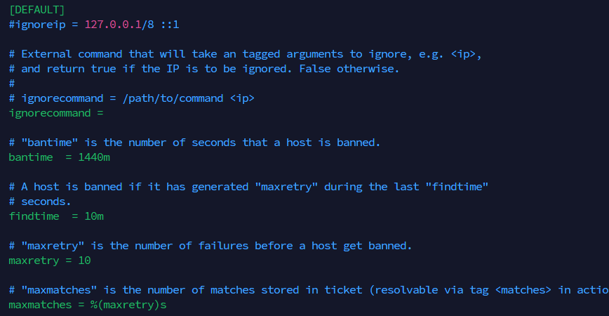 Fail2ban jail.local configuration file with bantime findtime and maxretry settings