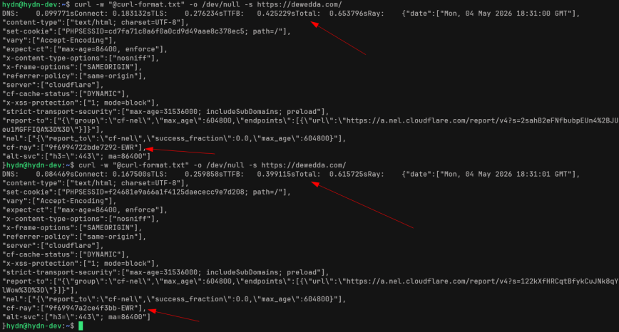 Terminal showing two curl requests routed through Cloudflare New York colo with TTFB times around 270ms, with CF-Ray IDs ending in EWR